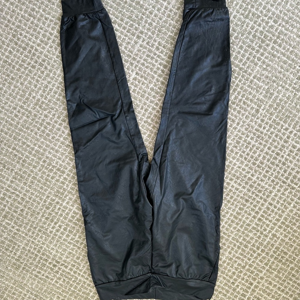 Black, faux leather joggers by commando. Size Medium.